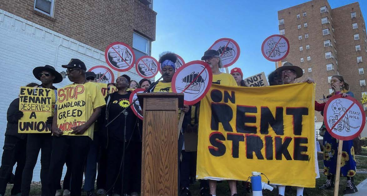 A photo of Quality Hill Towers Tenant Union on a rent strike.